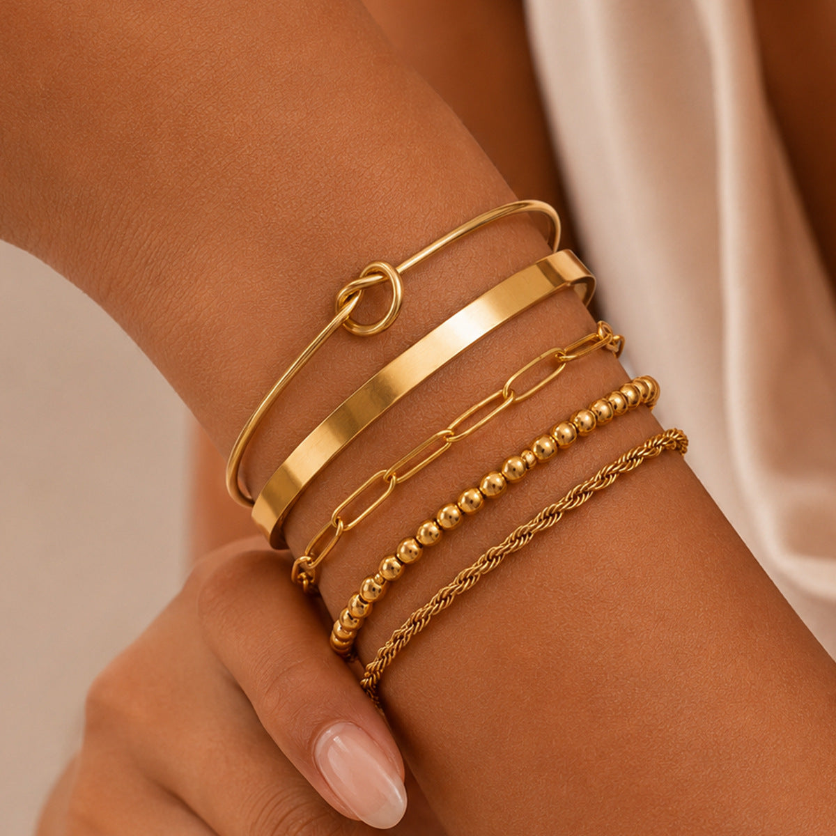 18K Gold Plated Polished Geometric Knot Open Cuff with Rope Chain Stainless Steel Bracelet for Women