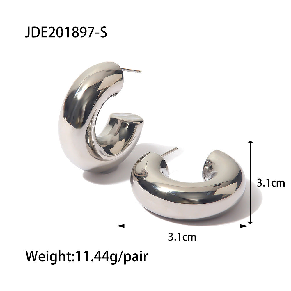 Ins Style Geometric Circle Shape 18K Gold Plated Stainless Steel Hollow Thick C-Shaped Stud Earrings for Women