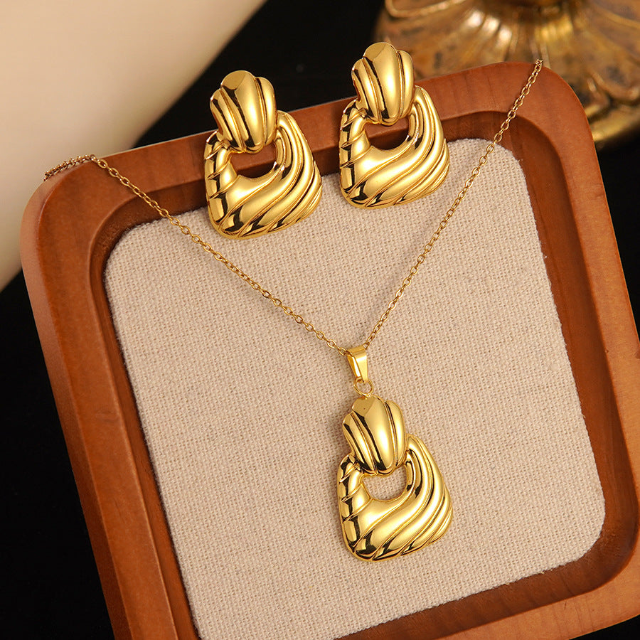 Collana e Orecchini in Acciaio Inossidabile Placcato, a Pois Tondi Geometrici, con Pendente in Acciaio al Titanio su Catenina, Unisex