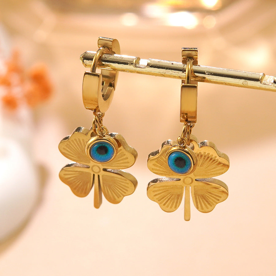 Stainless Steel Plated Four-Leaf Clover Evil Eye Earrings for Women