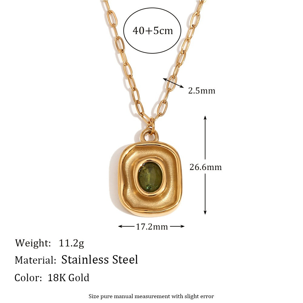 Collana da donna ovale in acciaio inossidabile placcato oro 18K con ciondolo vintage in zircone verde