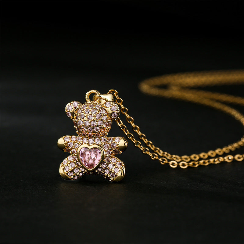 Minimalist Heart-Shaped Bear Pendant Necklace in Copper with Micro-Paved Cubic Zirconia on Snake Chain