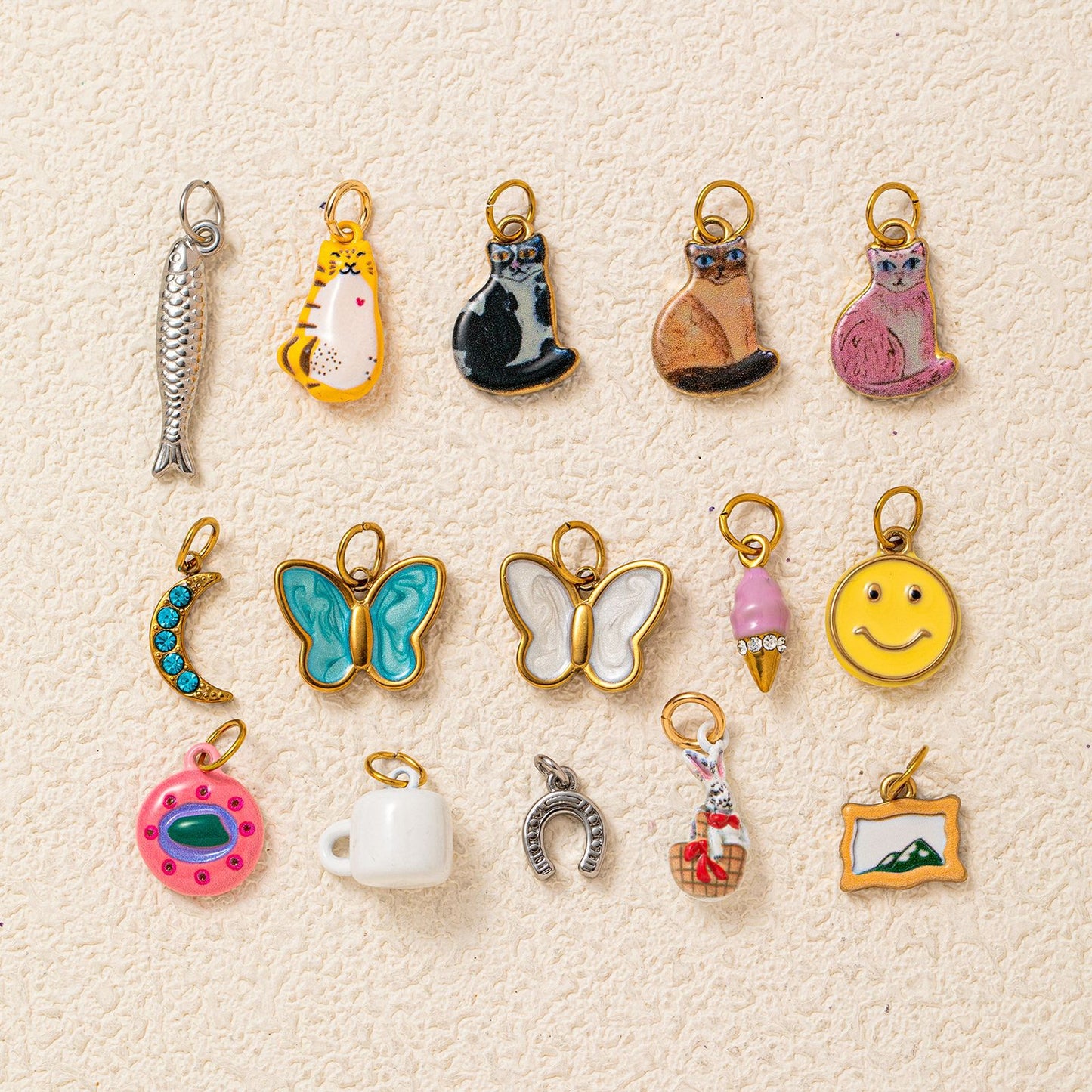 Cute Cartoon Cat Ceramic Drip Oil Plated Stainless Steel Charm Bar Pendant