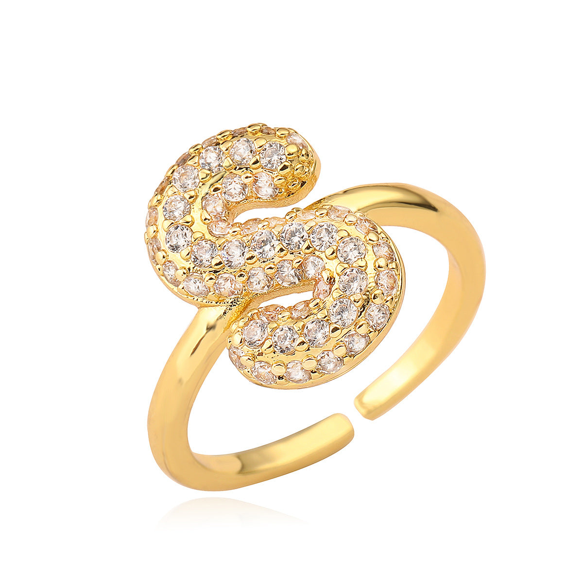 Anillo de cobre minimalista de forma geométrica con letras, chapado en oro de 18K y detalles de circonita para mujer