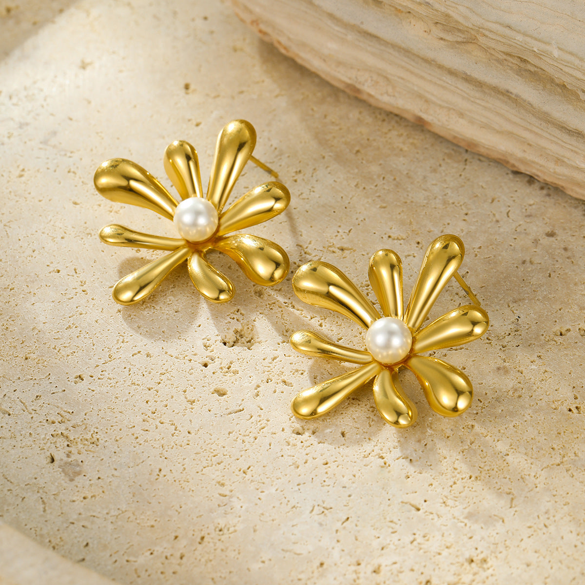 Pendientes Vintage de Acero Inoxidable con Forma de Girasol, Chapado en Oro de 18K e Incrustaciones de Piedras Naturales para Mujer