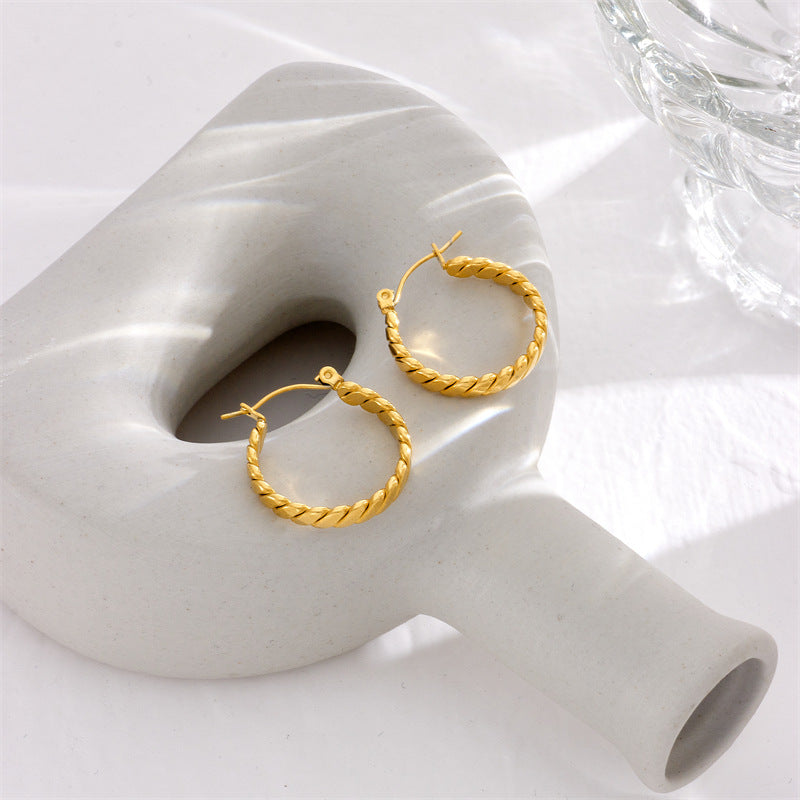 Minimalist Geometric Titanium Steel Gold-Plated Hoop Earrings for Women with Thick Twisted Rope Design
