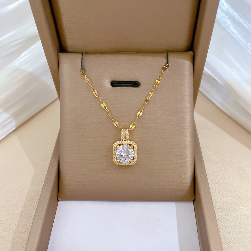 Luxury Geometric Titanium Steel Rhinestone Necklace and Earrings Set for Women
