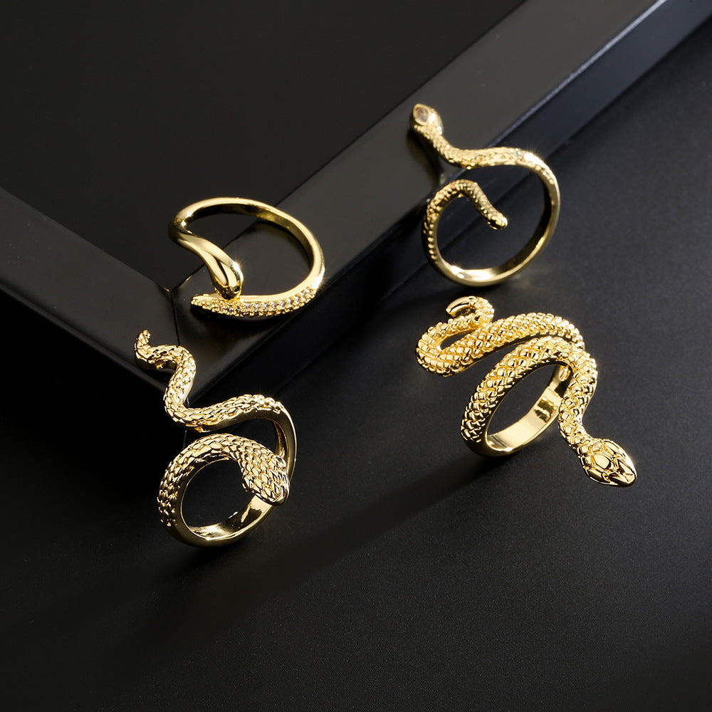 Anello Aperto a Serpente Geometrico Minimalista Placcato Oro 18K Rame con Zirconi Micro Incassati da Donna