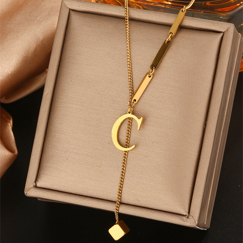 Minimalist Titanium Steel Letter Pendant Necklace with Tassel for Women