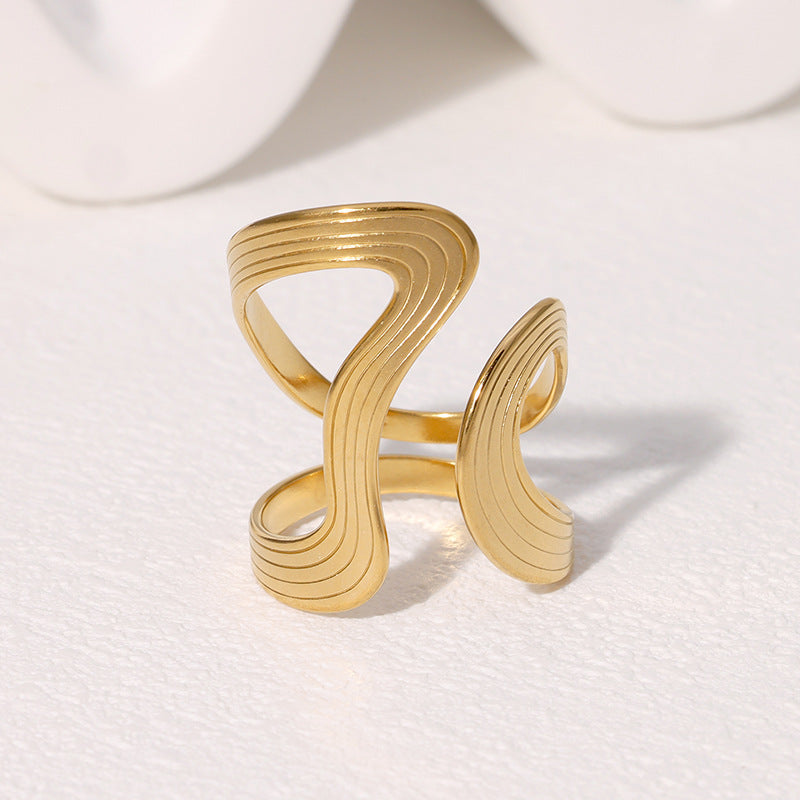 Vintage Geometric Stainless Steel Ring with Irregular Minimalist Line Design for Women