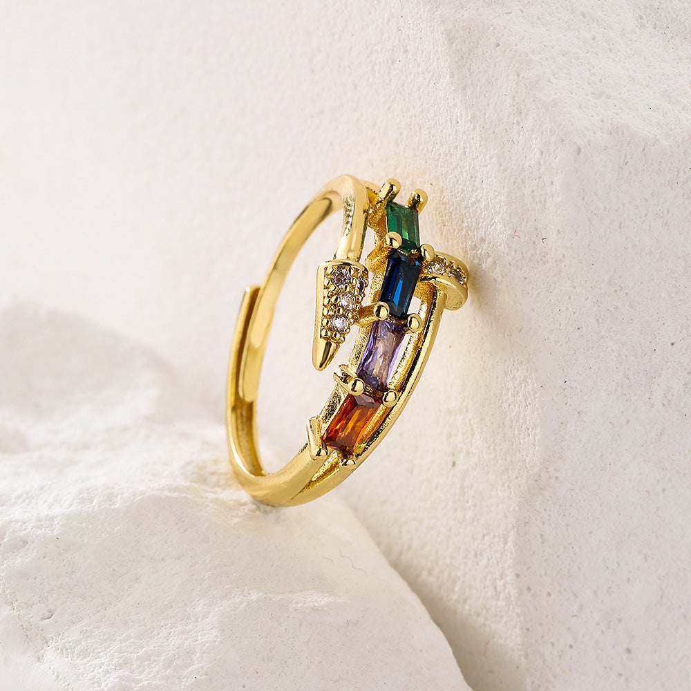 Fashion Minimalist Geometric Butterfly Leaf Floral Open Ring for Women in Brass with Real Gold Plating and Zircon Inlay