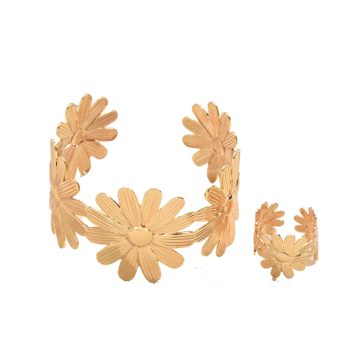 Elegante completo di bracciale e anello in lega a forma di girasole con motivo floreale per donna, stile OL