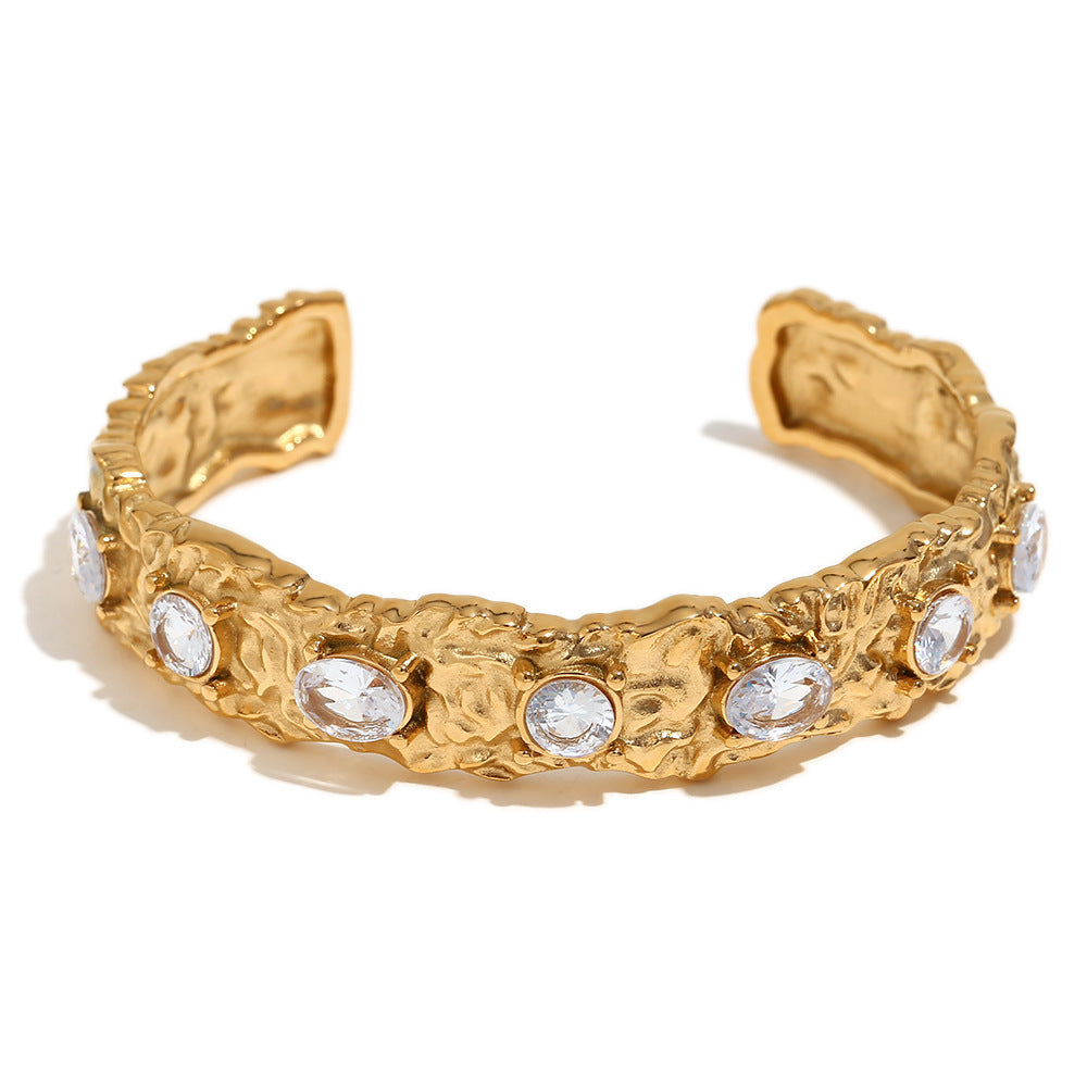 Fashionable Geometric Stainless Steel Plated 18K Gold Irregular Micro-Pave Cast Bracelet and Ring Set