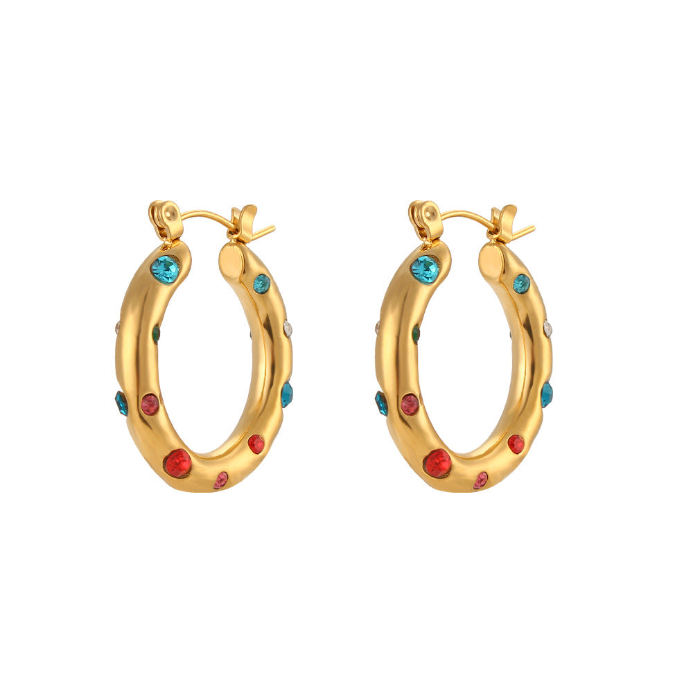 Fashion Minimalist Geometric Stainless Steel Hoop Earrings with 18K Gold Plating and Colored Zirconia