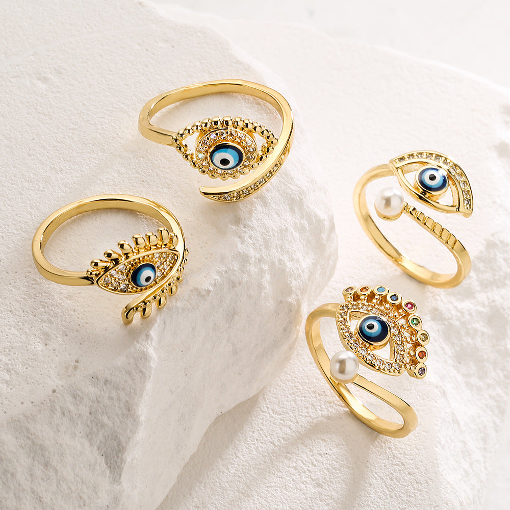 Anello Minimalista Geometrico Occhio di Falco da Donna in Rame con Placcatura in Vero Oro e Intarsi in Zircone