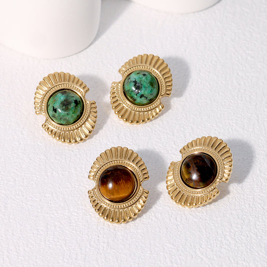 Vintage-Style Geometric Stainless Steel Stud Earrings with 18K Gold Plating for Women