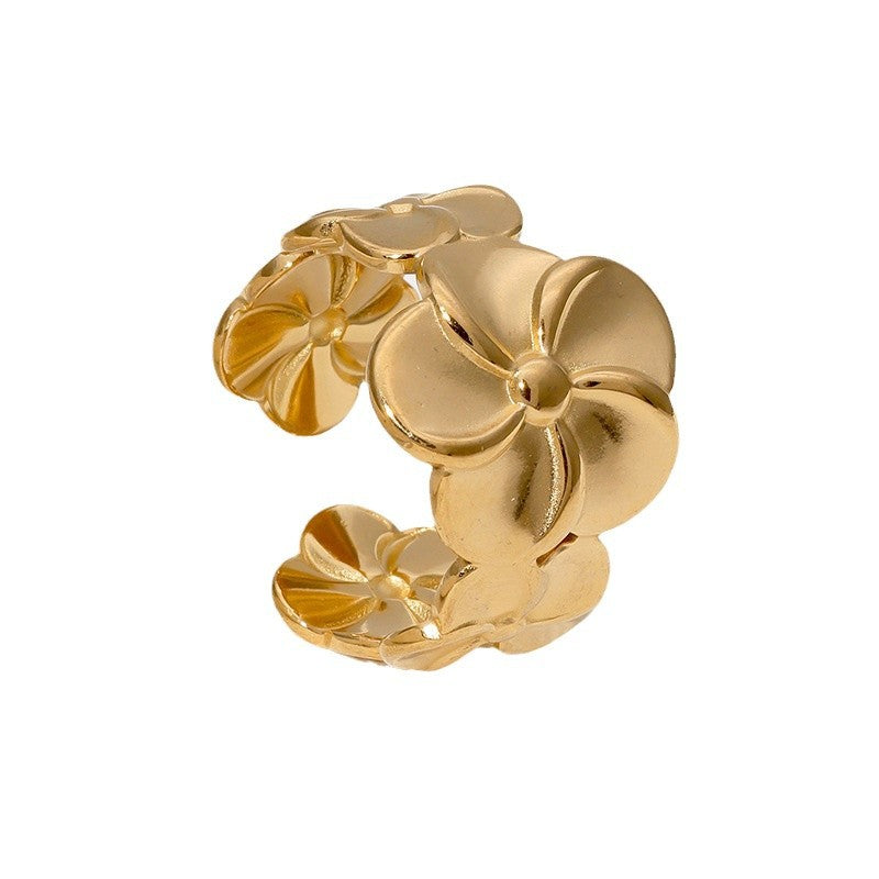 Minimalist Floral Open-Style Stainless Steel Finger Ring with Gold Plating for Women