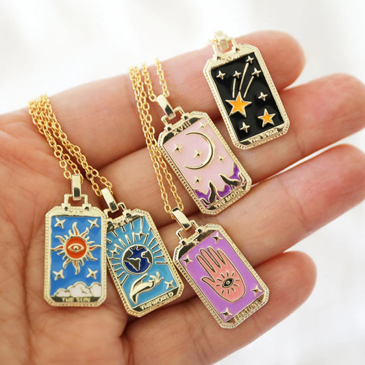 Vintage Tarot Card Pendant Necklace in Copper with Gold Plating and Enamel Finish on Box Chain for Women