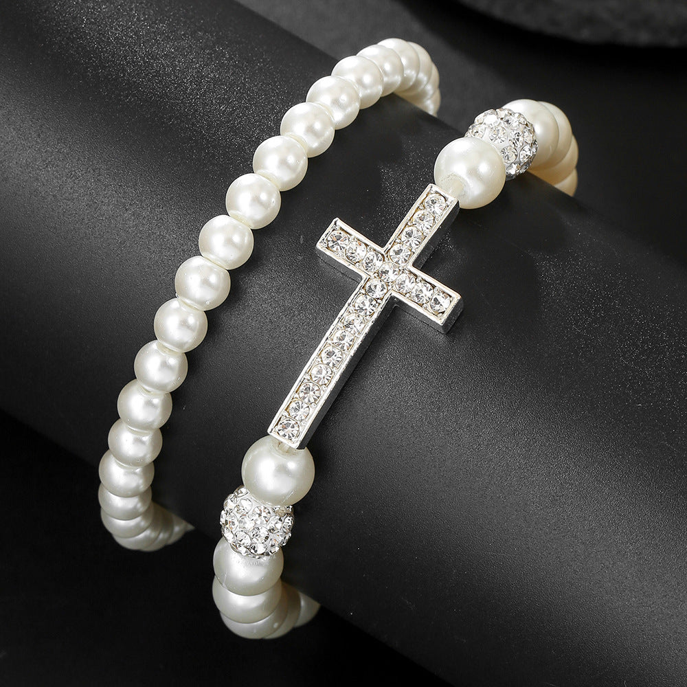 Geometric Cross Round Rhinestone Faux Pearl Alloy Bracelet Set Unisex