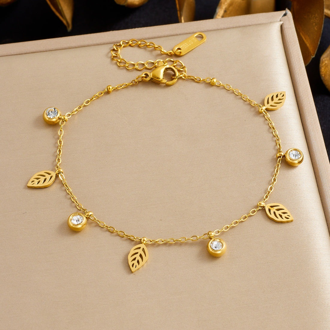 Minimalist Gold Plated Stainless Steel Leaf Pendant with Rhinestone Inlay for Women