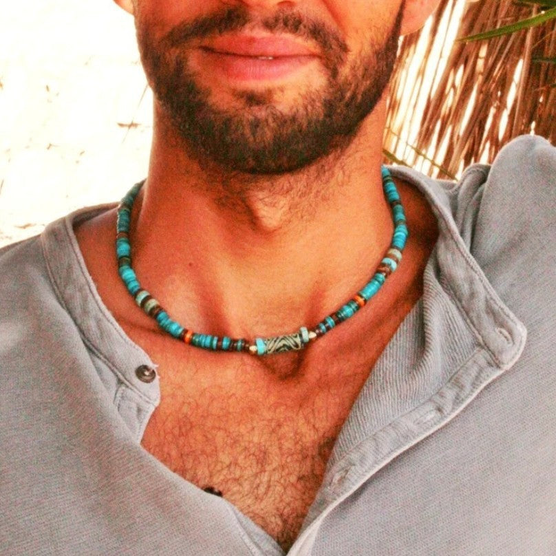 Vintage Bohemian Geometric Round Turquoise Plated Alloy Beaded Multi-layer Necklace for Unisex