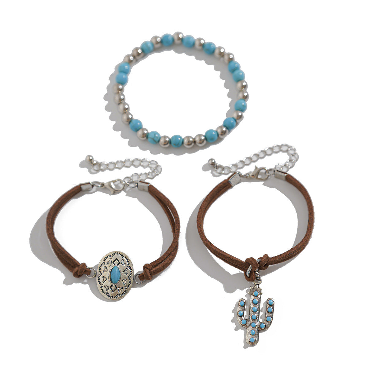 Set di bracciali asimmetrici unici da 4 pezzi con ciondoli a cappello da cowboy e croce, intarsi in turchese, gioielli placcati in lega di ottone di ferro per donna
