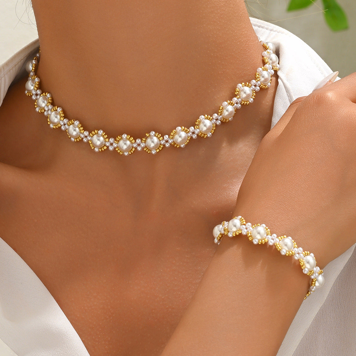 Set collana a pendente lungo da donna in stile geometrico con perline in lega di zinco e catena di perle per abbigliamento casual alla moda