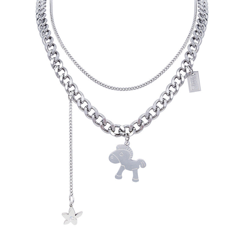 Minimalist Geometric Horse Pendant Necklace for Women Titanium Steel Water Wave Chain