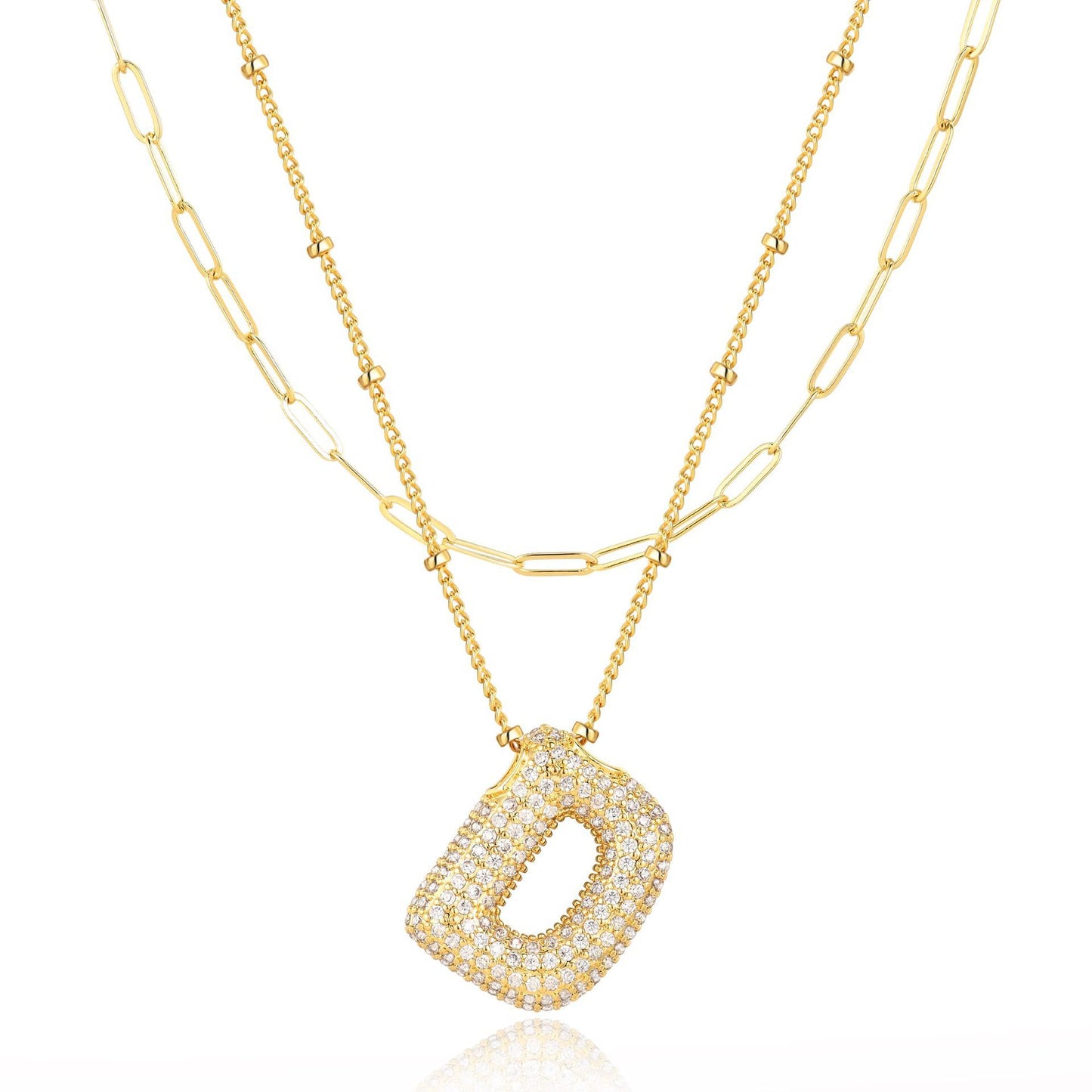 18K Gold Plated Brass Double Layer Letter Necklace Micro Pave Cubic Zirconia Serpentine Chain Women's Jewelry