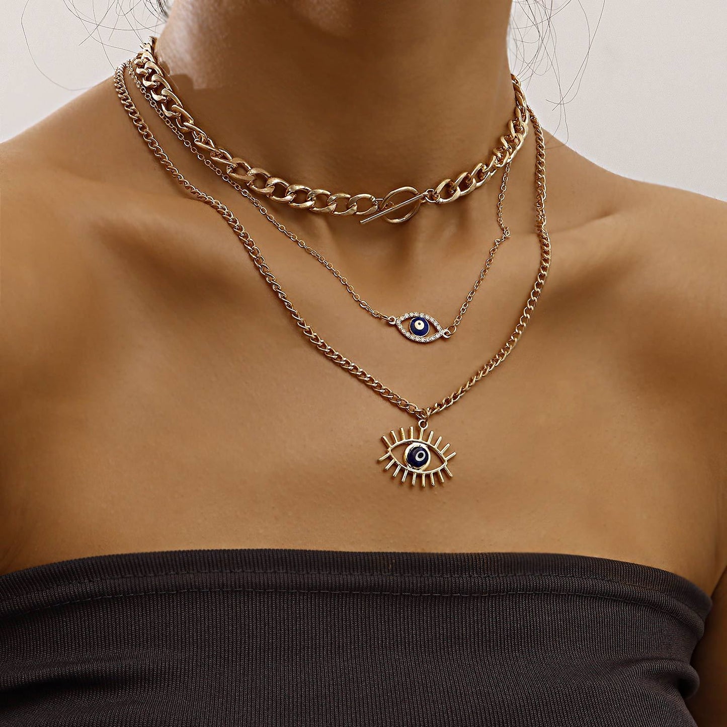 Geometric Blue Evil Eye Pendant Necklace for Women with Alloy Body and Rhinestone Inlay, Plated Finish, Clavicle Chain