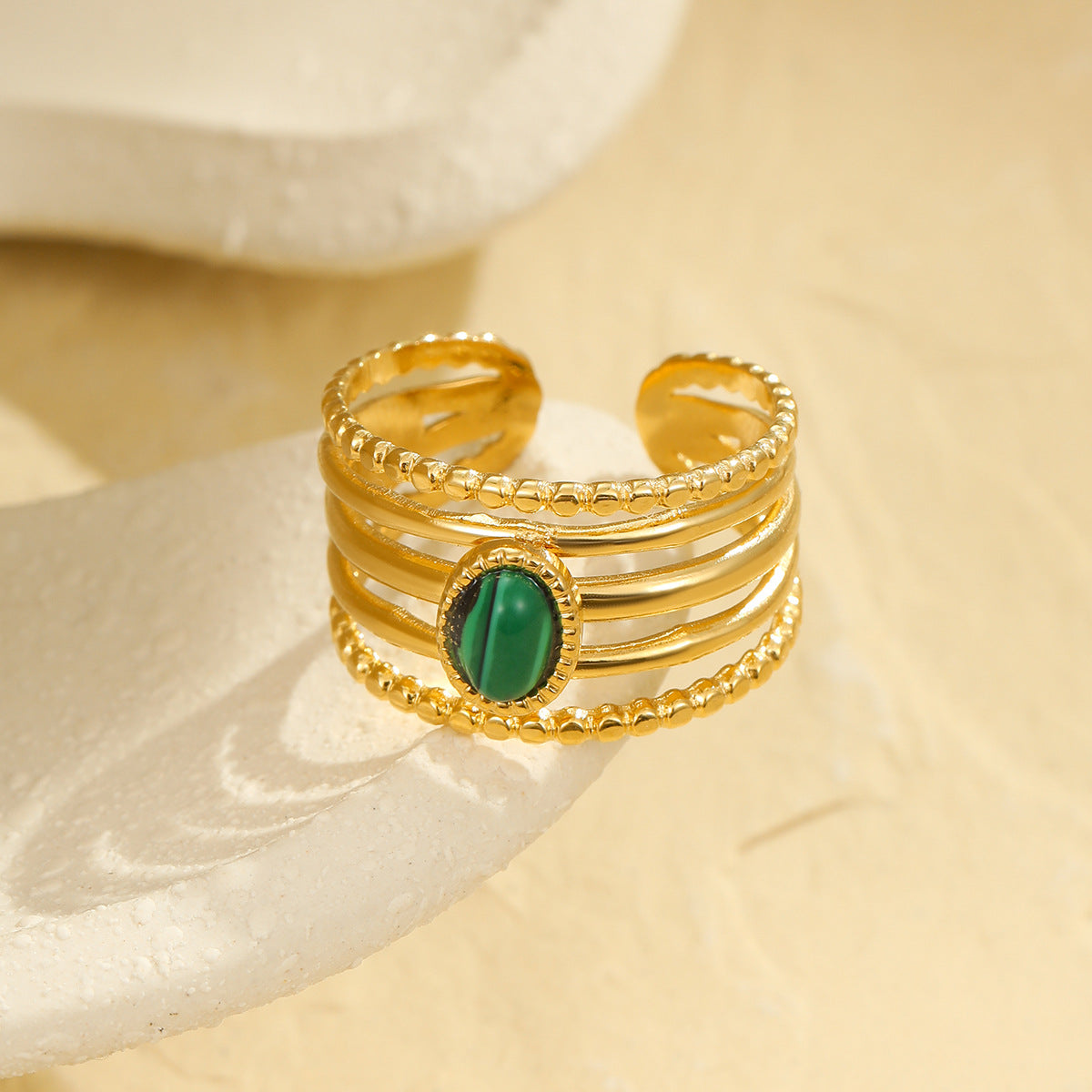 Anello da donna regolabile aperto in acciaio inossidabile placcato con pietra di malachite, stile vintage di lusso, geometrico, minimalista