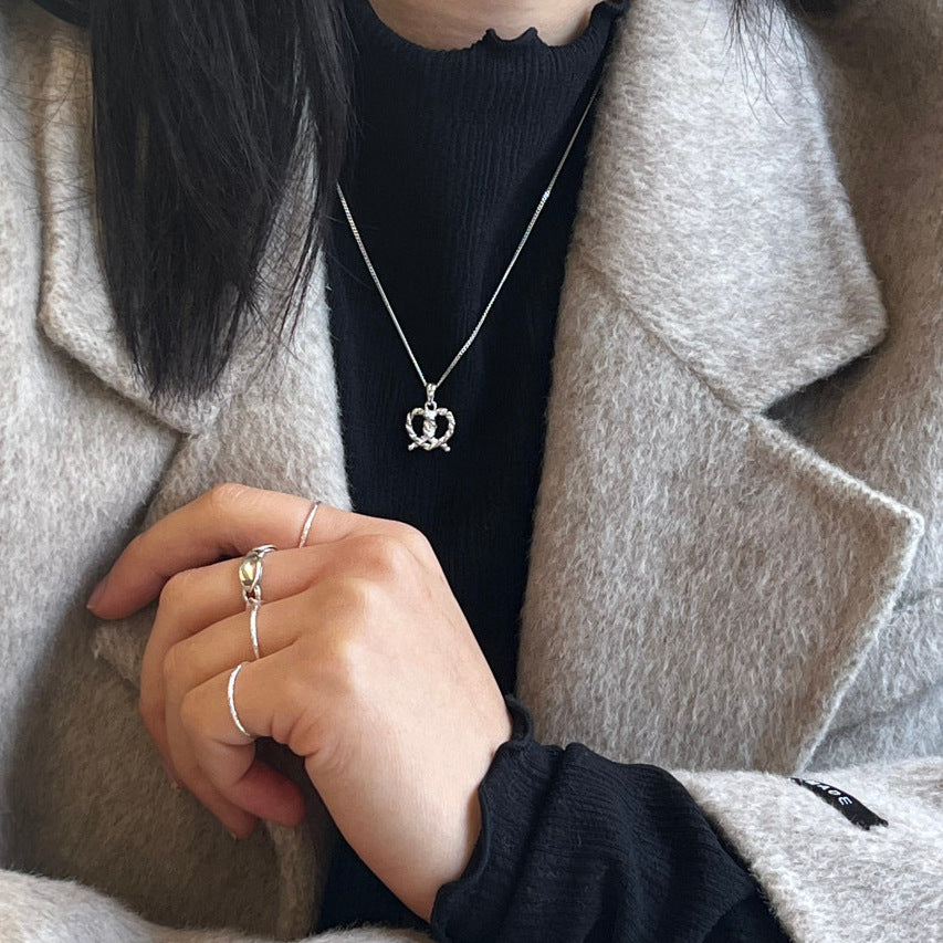 Minimalist Twisted Rope Heart Necklace in 925 Sterling Silver with Geometric Accent