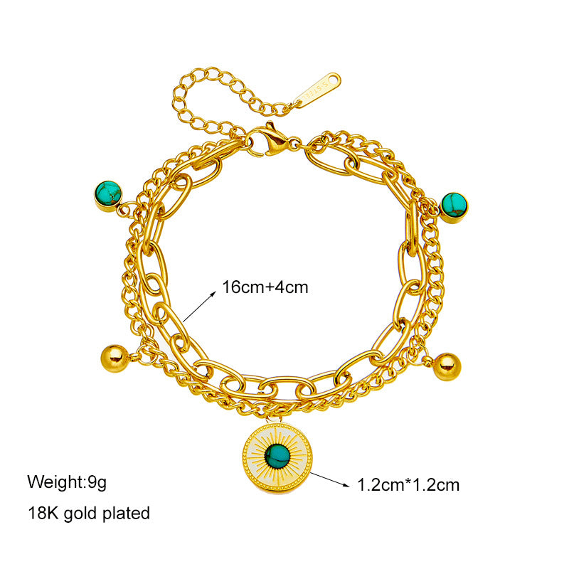 Minimalist Vintage Double Layer Turquoise Pendant Bracelet in Titanium Steel with Gold Plating