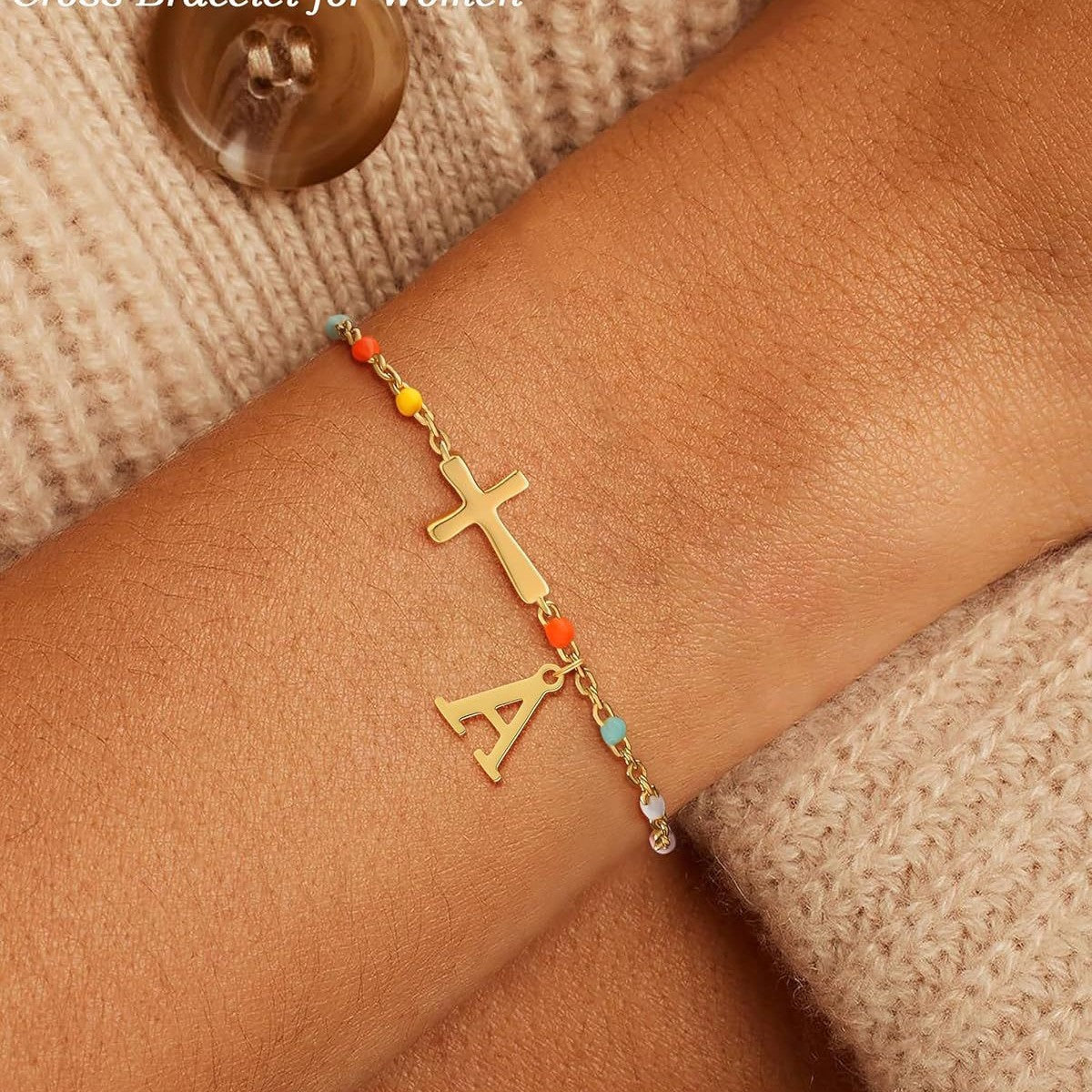Colorful Drip Oil Plated Stainless Steel Letter Cross Bracelet for Women