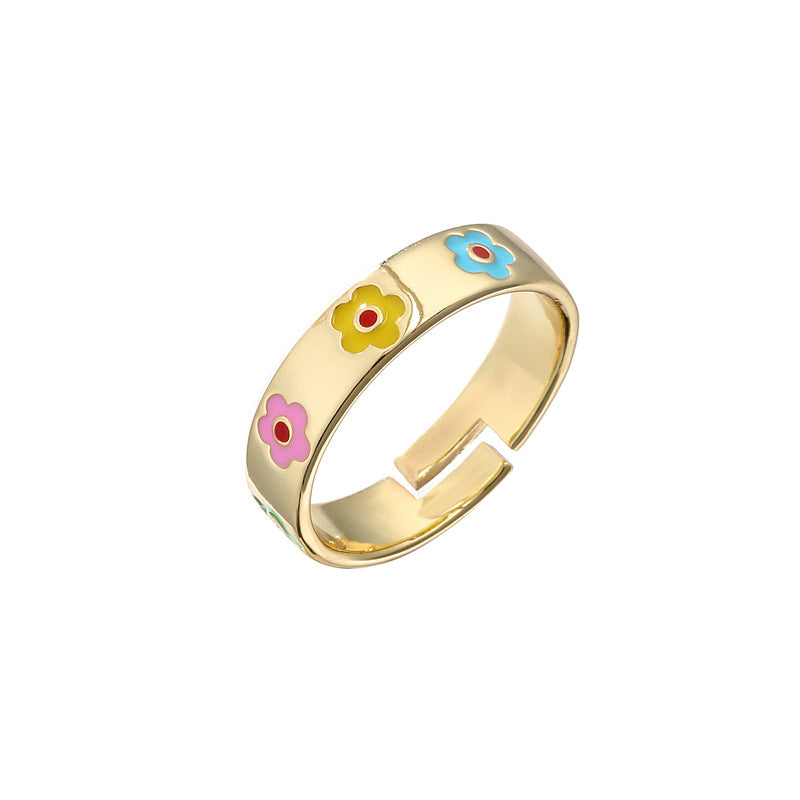 Geometric Floral Drip Oil Gold Plated Brass Ring for Women