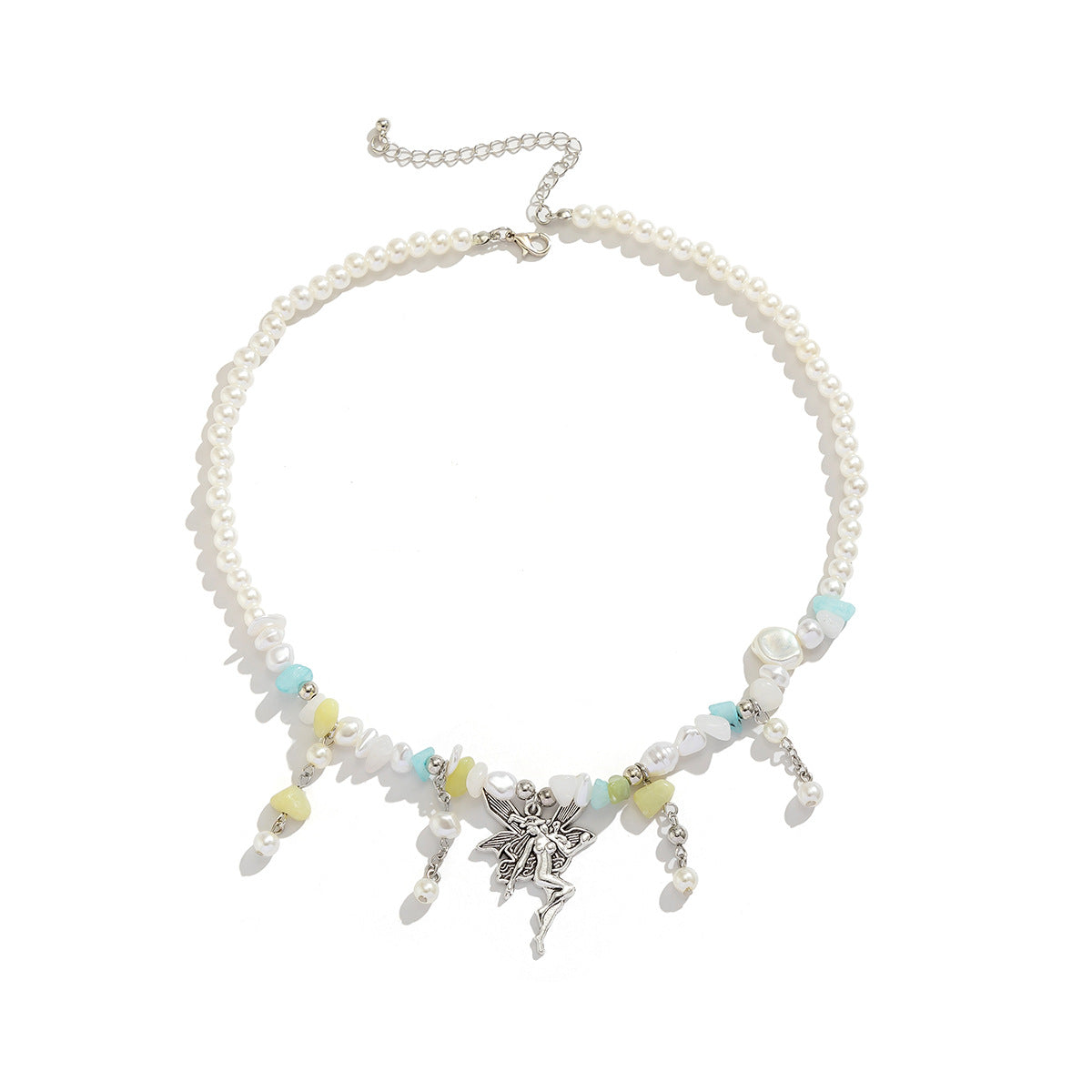 Collana con Ciondolo a Angelo Asimmetrico Bohemien Rustico con Intarsio in Pietra Irregolare e Dettaglio Nappa per Donna