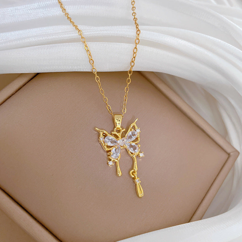 Sweet Minimalist Geometric Butterfly Rhinestone Pendant Titanium Steel Necklace for Unisex