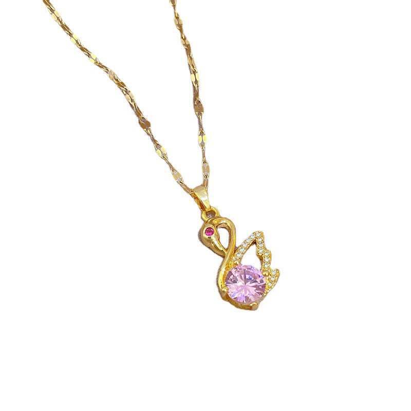 Luxury Swan Pendant Necklace for Women Titanium Steel Geometric Inlaid Rhinestone Clavicle Chain with Plated Finish