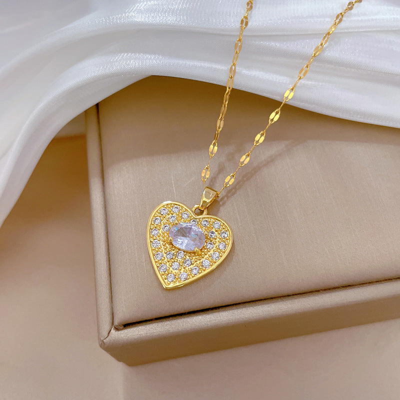Collana Minimalista a Cuore in Acciaio al Titanio con Intarsio di Strass per Donne e Uomini, Delicata Catena alla Clavicola