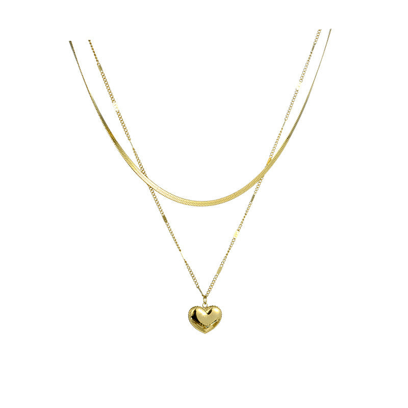 Luxury Style Double-Layer Titanium Steel LOVE Heart Pendant Necklace for Women with Gold-Plated Finish and Snake Chain