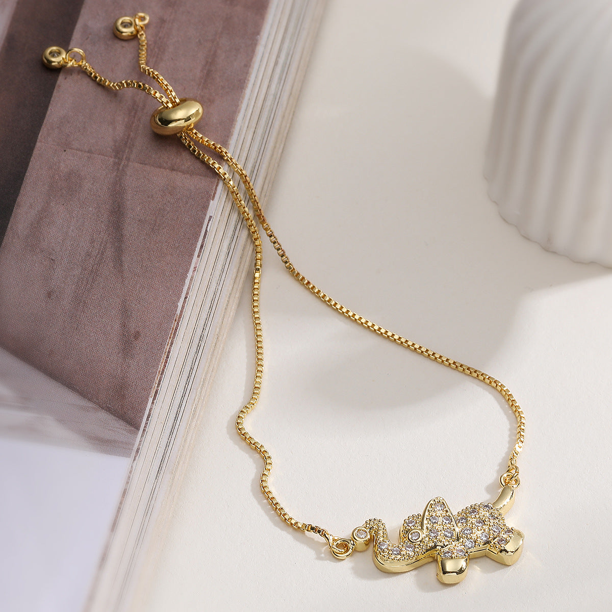 Luxury Minimalist Gold Plated Brass Geometric Elephant Bracelet with Cubic Zirconia for Women