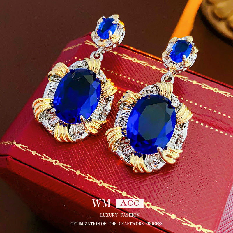 Orecchini a perno ovali da donna in zircone blu geometrico stile vintage con metallo placcato argento e perni in acciaio