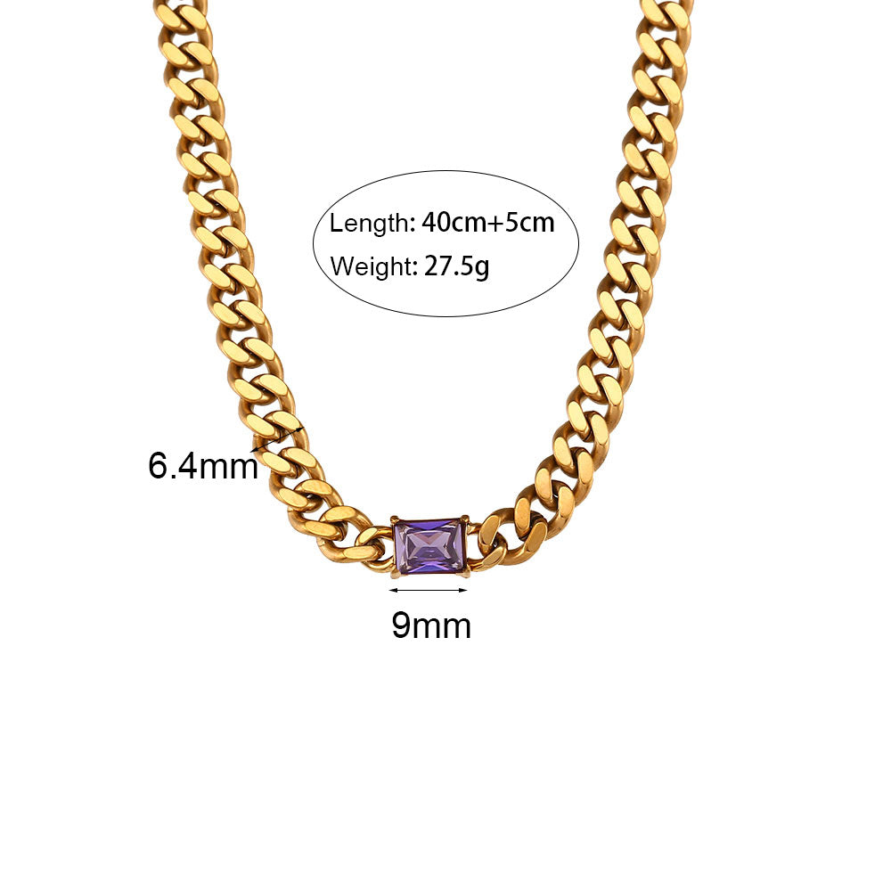 Collana Minimalista Rettangolare con Zirconi su Catena Cubana in Acciaio Inossidabile per Donne