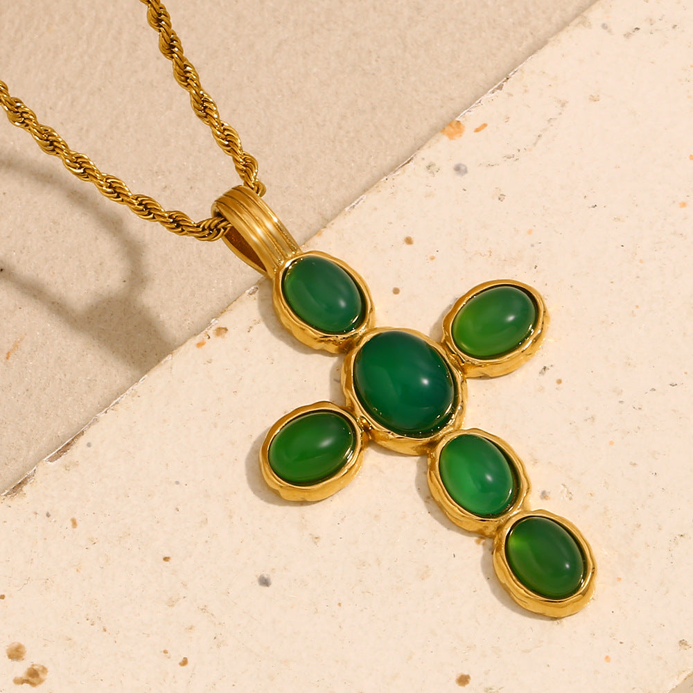 Vintage Style Cross Pendant Necklace for Women in Stainless Steel with 18K Gold Plating and Green Gemstone Accent