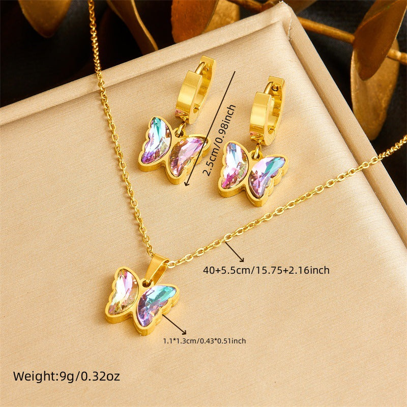 Fashion Plated Stainless Steel Butterfly Rhinestone Necklace and Earrings Set for Women