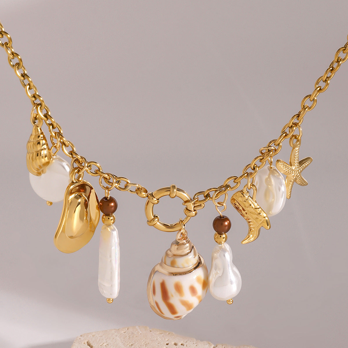 Vacation Style Irregular Pearl Pendant Necklace with Stainless Steel Sailor Clasp and Seashell Star Motifs for Women