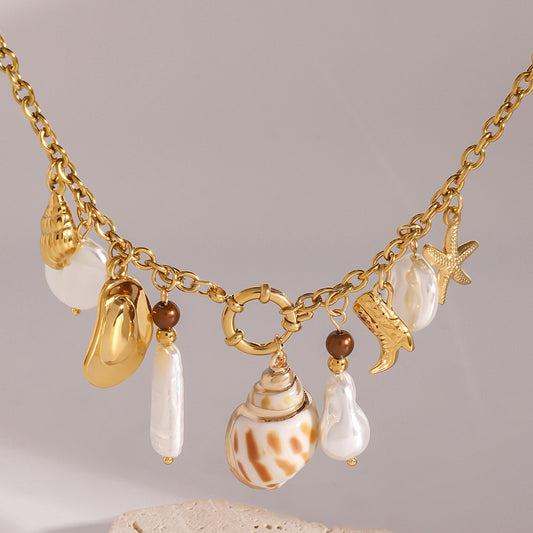 Vacation Style Irregular Pearl Pendant Necklace with Stainless Steel Sailor Clasp and Seashell Star Motifs for Women