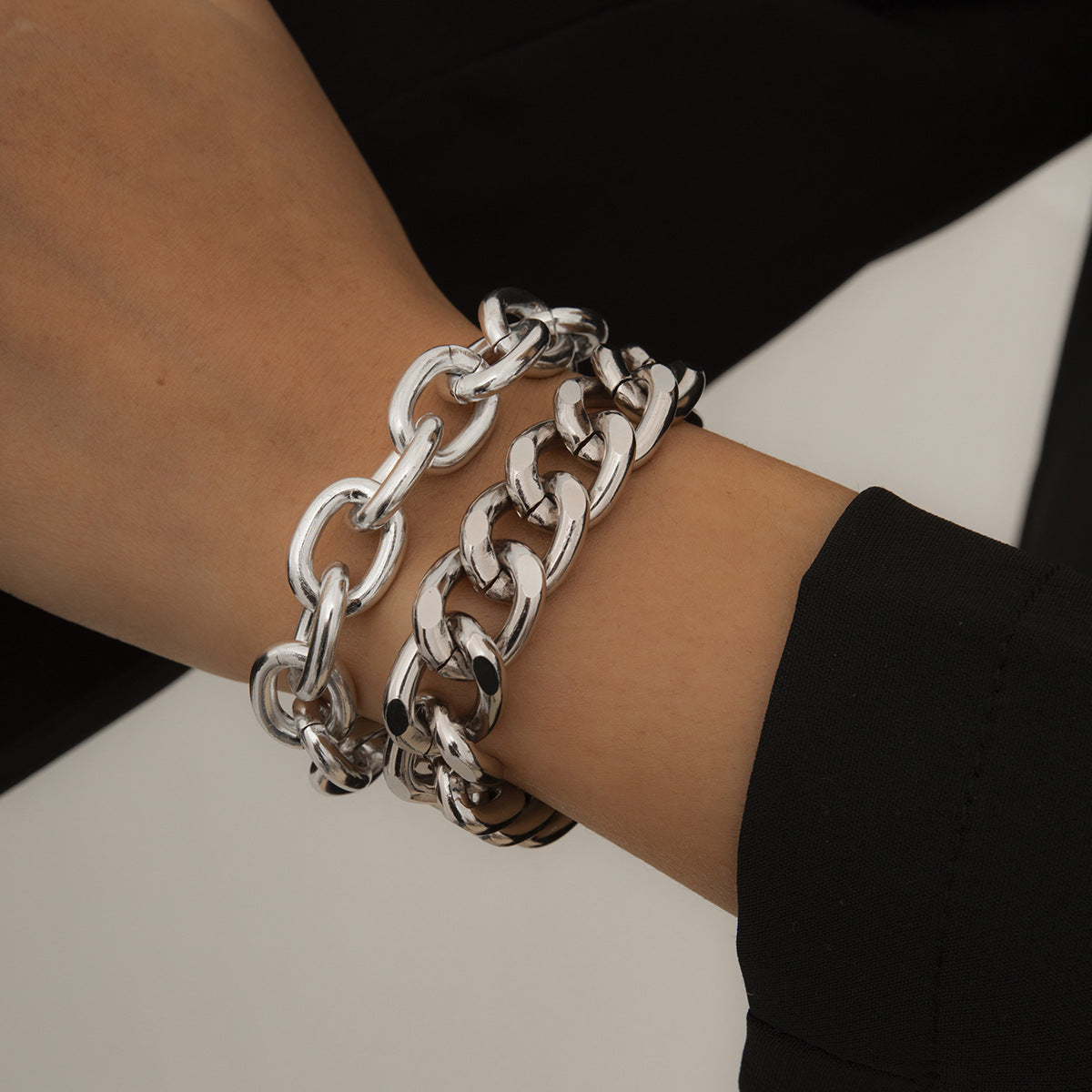 Punk Hip-hop Geometric Double Layer Thick Cuban Link Chain Plated Aluminum Alloy Bracelet Set for Women