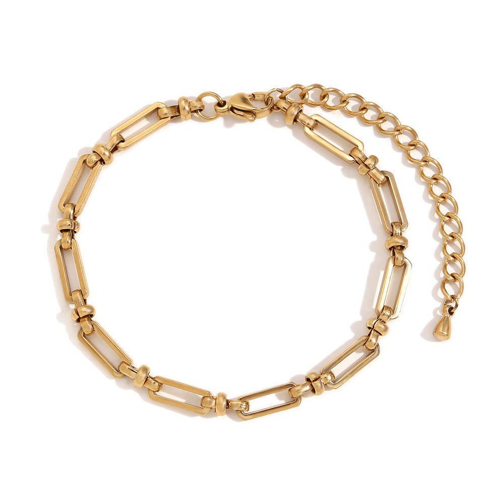 Minimalist Geometric Stainless Steel Plated 14K Gold Safety Pin and Cross Clasp Bracelet for Women