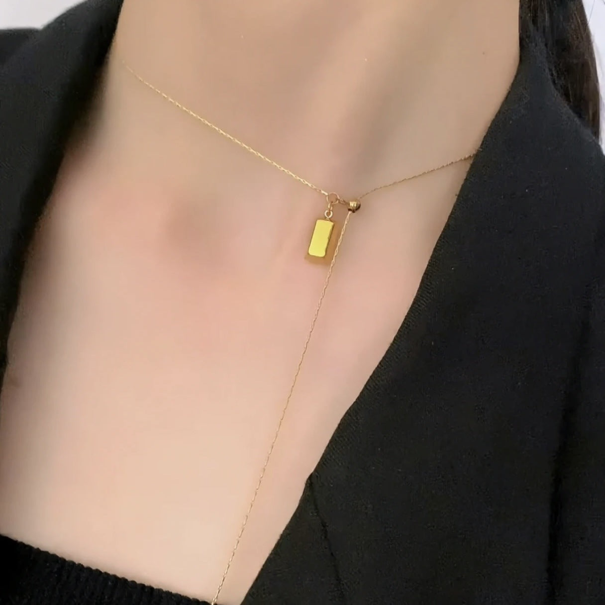 Minimalist Chinese Style Fortune Character Pendant Necklace in Titanium Steel with Plated Finish Adjustable Clavicle Chain for Women